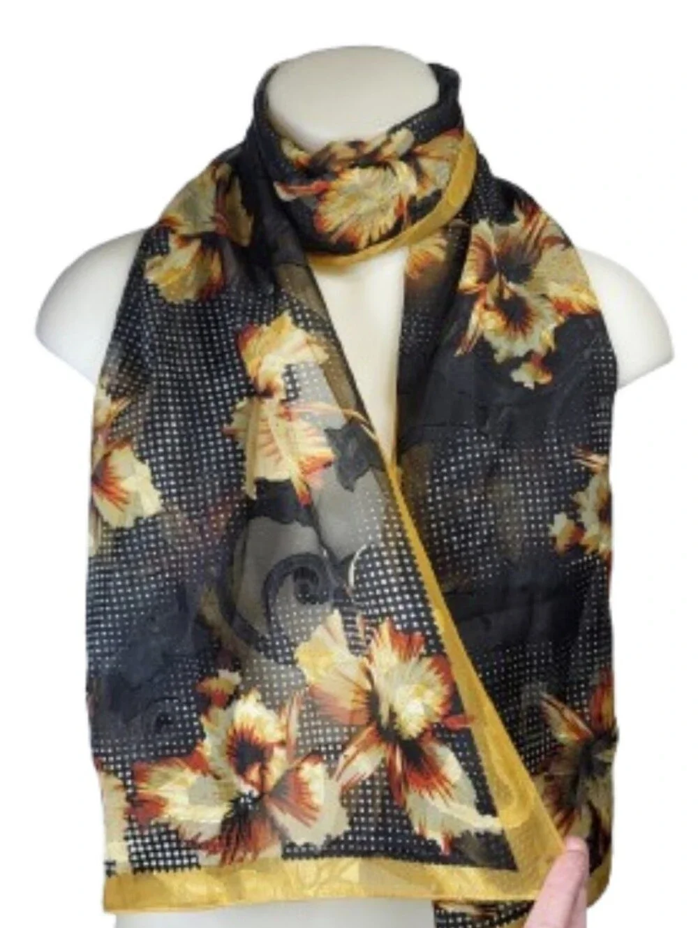 Mosi Silk Touch Black Floral Sheer Scarf with Yellow Accents 64
